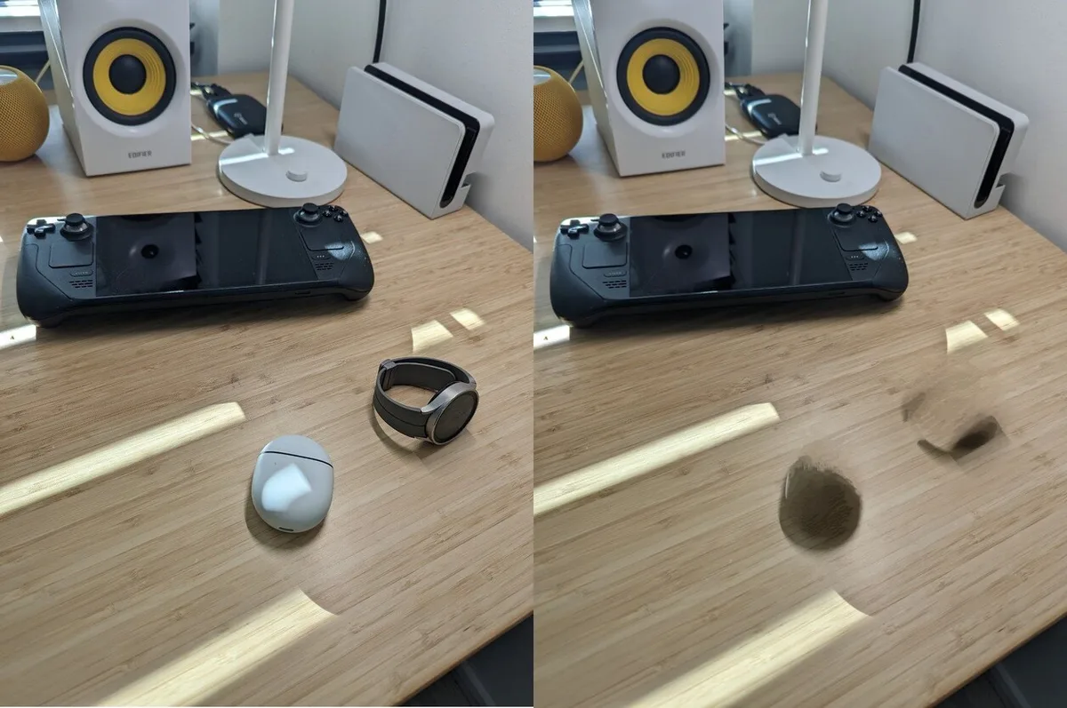 Links de originele foto, rechts de foto waarbij het doosje en het horloge zijn weggegumd. De schaduw en het reliëf van de tafel zorgen voor problemen.