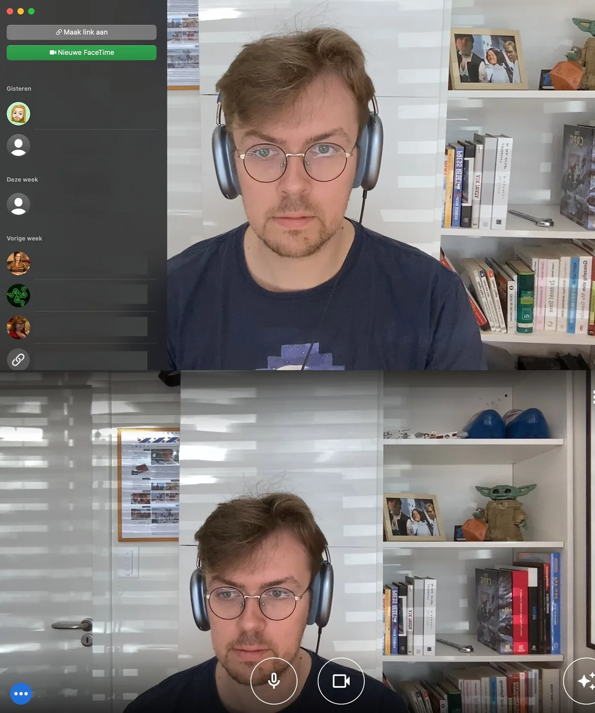 Een videogesprek met Center Stage (boven) versus een gesprek zonder (onder).