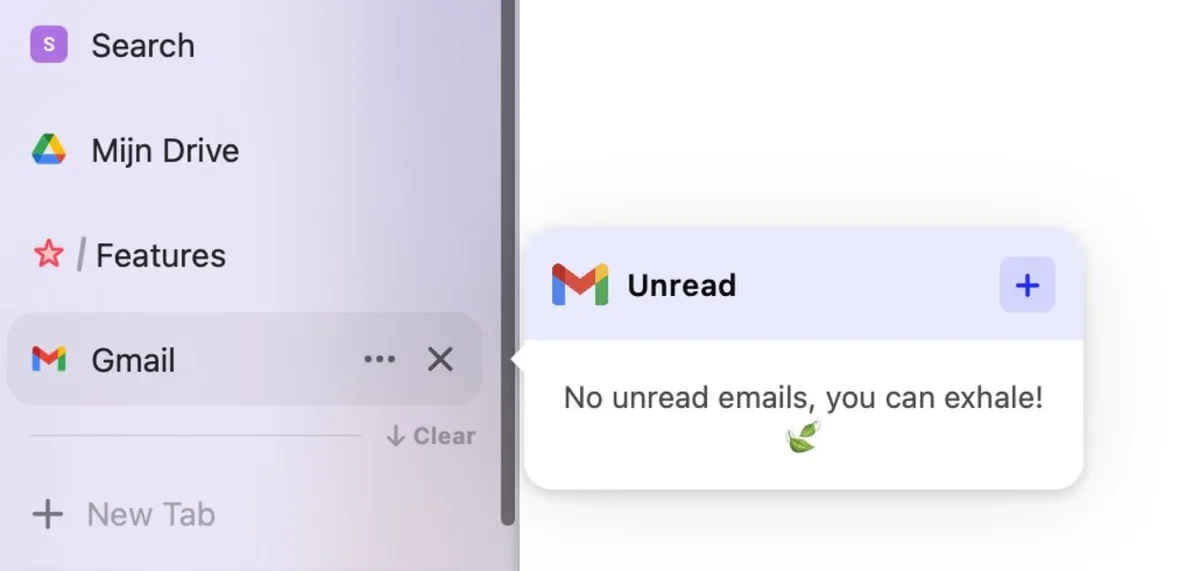 Bij sommige tabbladen kun je de muis er overheen bewegen om een kleine preview te zien. Zo weet je of er e-mail is zonder meteen te wisselen naar je mailtabblad.